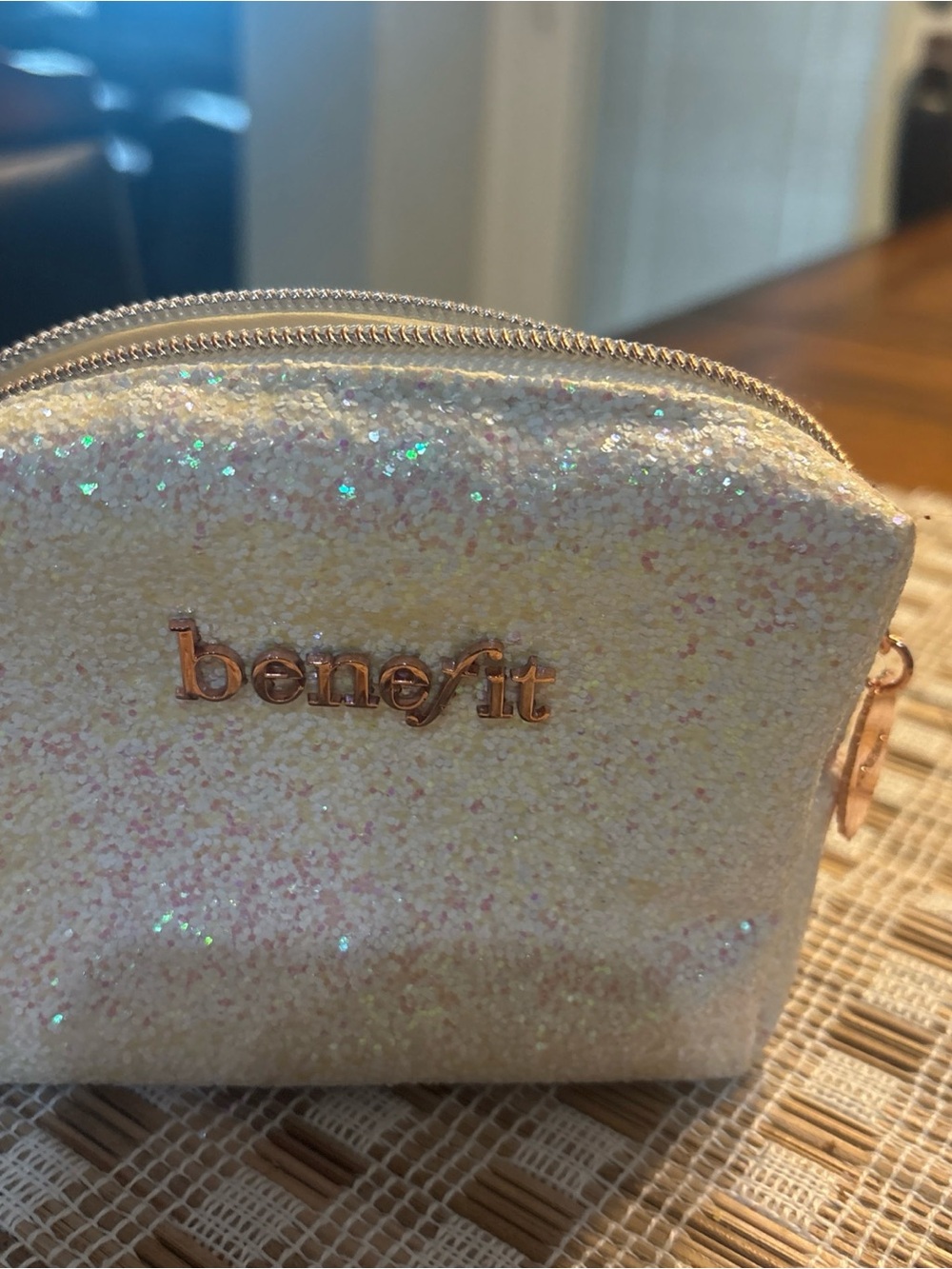 Benefit Iridescent Cream Glitter Makeup Pouch with Rose Gold Trim
